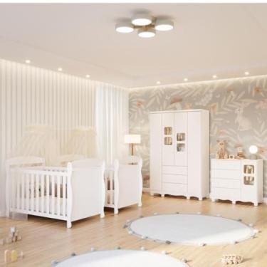 Imagem de Quarto Bebê Gêmeos 2 Berços Americano Marquesa Guarda Roupas Cômoda Uli 100% MDF