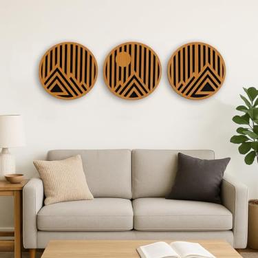 Imagem de Conjunto Kit 3 Quadro Decorativo Sala Geométrico Montanha Redondo em MDF 6mm Amadeirado(Amadeirado Escuro)