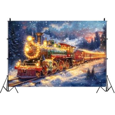 Imagem de AOFOTO Pano de fundo de trem de Natal de 3 x 2 m, flocos de neve de inverno, neve, noite, locomotiva a vapor, fundo ferroviário, Natal, feriado, cena de trem, papel de parede, tema de ano novo