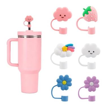 Imagem de Bchjatk 6 peças de capas de palha com estampa de morango arco-íris com copo Stanley de 30 e 1,134 g, tampas de silicone macio de 10 mm, topos de canudo reutilizáveis à prova de poeira, decorações