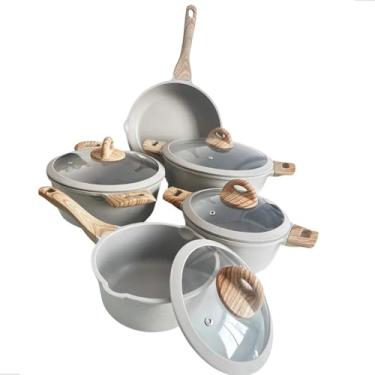 Imagem de Jogo de Panelas Cerâmicas 10 Peças, Conjunto Completo com Revestimento Antiaderente, Alumínio e Cerâmica, Cinza e Madeira, Compatível com Fogão de Indução, Inclui Panelas, Caçarola