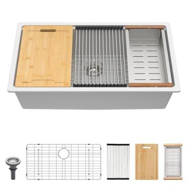 Imagem de Lordear Pia de cozinha composta de granito branco de 76 cm, montagem inferior, tigela única 76 x 48 cm, pias de cozinha Quaitz embaixo do balcão