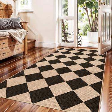 Imagem de Tapete quadriculado de juta 7,5 x 12,5 cm, sem galpão: lavável à máquina, antiderrapante, entrada, varanda, cozinha, - tapete de porta, casa de fazenda, neutro, não derramamento - Tapete para quarto e