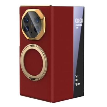 Imagem de HAOMRIYL Capa de couro de vaca para Huawei Mate XT, capa com suporte de anel magnético, janela lateral inteligente, proteção de lente com tudo incluído, capa flip à prova de choque, vermelha, Mate XT