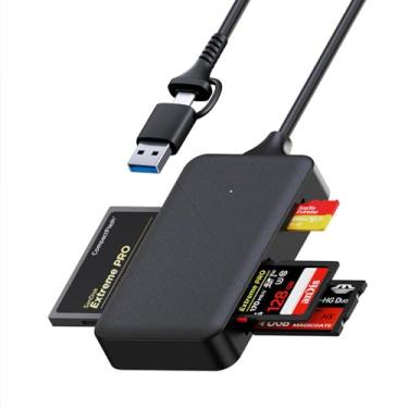 Imagem de Leitor de cartão de memória, adaptador de leitor de cartão 4 em 1 USB 3.0 e USB-C para SD Micro SD MS CF, 4 cartões de leitura e gravação simultaneamente, compatível com iPhone 15 Series, MacBook Pro