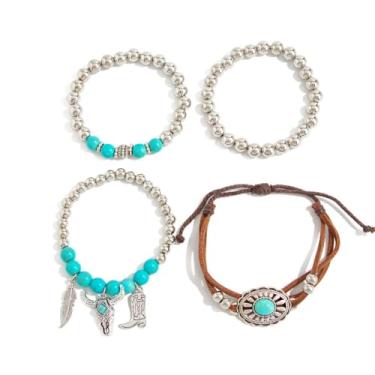Imagem de Kokoma Conjunto de 4 pulseiras de contas turquesa boêmia para mulheres, botas de cabeça de boi, corrente de elos com pingente de pena, corrente ajustável, empilhável, pulseira ocidental, joias