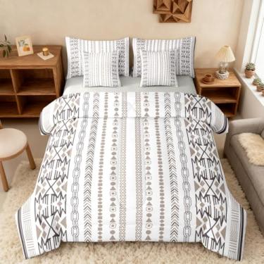 Imagem de Conjunto de cama boêmio com design asteca, geométrico, tamanho casal, 7 peças, para decoração de quarto de crianças, meninos, adolescentes, meninas, geométrico, boêmio, com edredom e fronhas, branco
