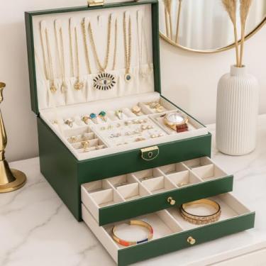 Imagem de Porta Joia Caixa Com 3 Camadas Armazenamento Brinco Colar Anéis Jóias Branco Verde Preto (Verde)