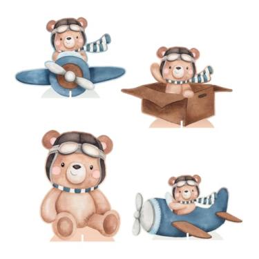 Imagem de KIT 4 Displays Urso Aviador 20cm - Vinil Fosco Sem Reflexo - Totem Decoração Festa Infantil Aniversário