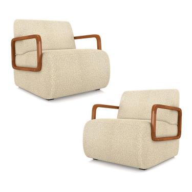 Imagem de Kit 2 Poltronas Decorativa Sala De Estar Odessa Braços Em Madeira Bouclê Bege G33
