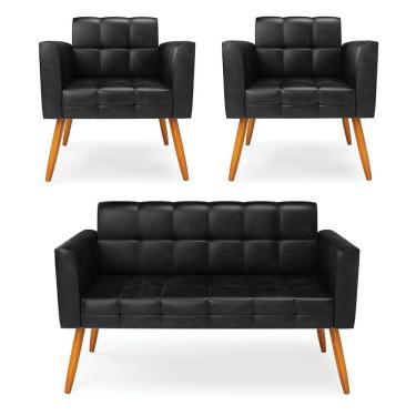 Imagem de Kit 1 Sofá Namoradeira E 2 Poltronas Elisa Corano Preto Pés Palito Castanho - D'rossi