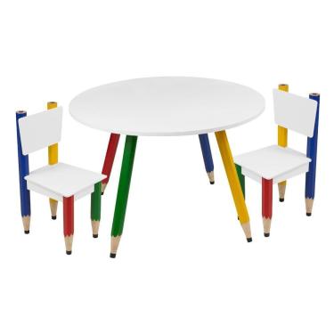 Imagem de Kit 2 Cadeiras E Mesa Infantil Lápis Coloridos Redonda Tampo Branco Pés Temáticos Quarto Menina Menino Mobília Decor