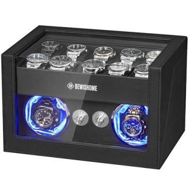 Imagem de BEWISHOME Enrolador de relógio para relógios automáticos, alargador de relógio duplo e caixa de exibição de 10 relógios com luz LED 4 modos, caixa de enrolador automático de relógio com adaptador tipo