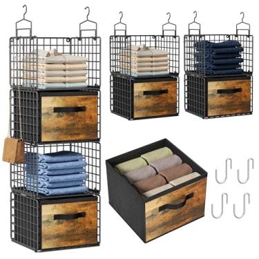 Imagem de Organizador de armário suspenso com gavetas, organizadores de armário de metal de 4 camadas e armazenamento com 4 ganchos para pendurar, 4 ganchos em S para guarda-roupa, lavanderia, prateleira de
