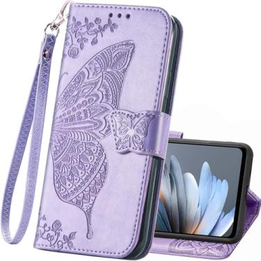 Imagem de Capa carteira para T-Mobile REVVL 8 5G, capa protetora de couro PU flip alça de pulso compartimentos para cartão bolso em relevo borboleta flor suporte capa para T-Mobile REVVL 8 5G roxo claro