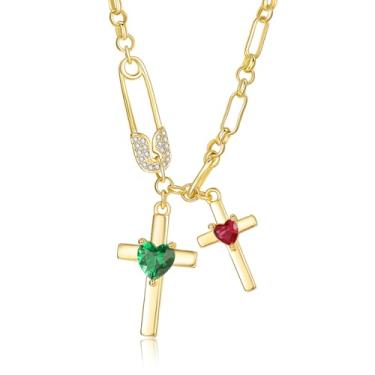 Imagem de SilvecFantasy Colar de cruz de ouro para mulheres, pingente de cruz dupla de 14 K, pino de segurança delicado, 2 pedras do nascimento, clipe de papel, corrente de fé, joias modernas, presentes