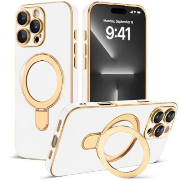 Imagem de Amzfield Capa magnética para iPhone 16 Pro com suporte [compatível com MagSafe] [proteção total da câmera] linda capa de telefone fina para iPhone 16 Pro mulheres meninas, branca