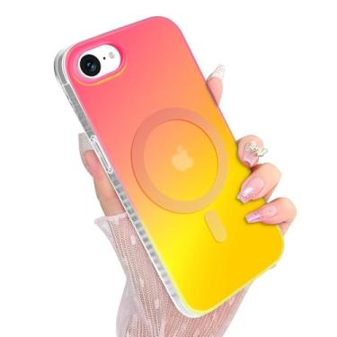 Imagem de Amzfield Capa magnética para iPhone 16e, compatível com MagSafe capa de telefone com estampa de gradiente colorido fosco iridescente fosco à prova de choque para mulheres meninas vermelho e amarelo