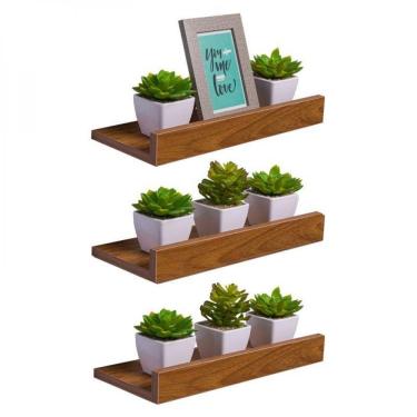 Imagem de Kit 3 Prateleiras Porta Quadros 30 x 15cm Freijó Invisível