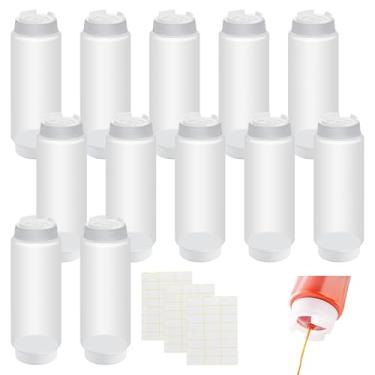 Imagem de LECEHIVO 12 frascos de espremer condimentos de 946 ml com etiquetas, garrafas transparentes recarregáveis invertidas, dispensador de molho de plástico para restaurante, cozinha, ketchup, molho e