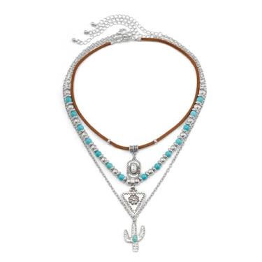Imagem de Colares Boho em camadas para mulheres, colar de couro com contas turquesa ocidental, vintage, cacto, pingente, colares, concerto, vaqueira, acessório, Large, Liga de aço, Sem Pedra Preciosa