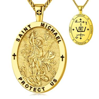 Imagem de Colar de medalhão oval de São Miguel, cobre banhado a ouro, pingente de 5 x 3 cm com corrente de 40 cm + 5 cm, medalha de oração de proteção religiosa, colares com pingente de cruz religiosa com