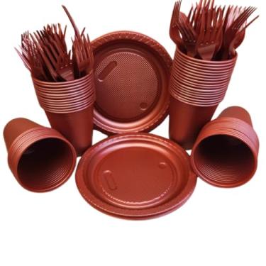 Imagem de Kit Descartável Econômico 150 Itens - Conjunto para Festas com Pratos, Copos e Garfos para Aniversário e Eventos(Vermelho Perolado 150 itens)