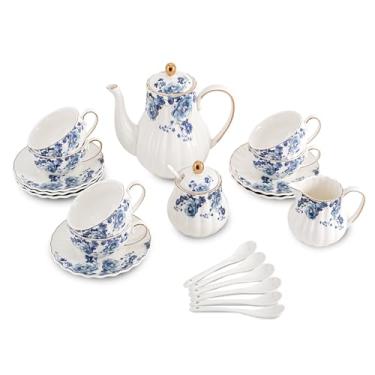Imagem de Agyiuns Conjunto de 6 xícaras de chá de porcelana e pires com conjunto de açúcar e creme e bule de chá, bule de chá para adultos (branco com flor azul)