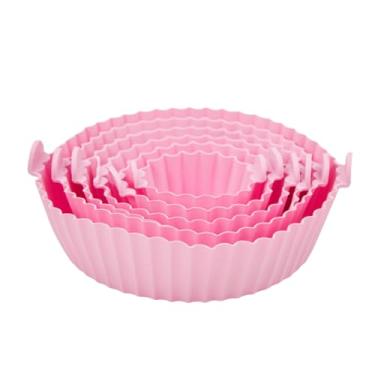 Imagem de Conjunto de 6 Formas de Silicone para Air Fryer, Antiaderente, Reutilizável, Livre de BPA, Rosa, Diâmetros 5-16cm, Resistente a Temperatura -40° a 260°