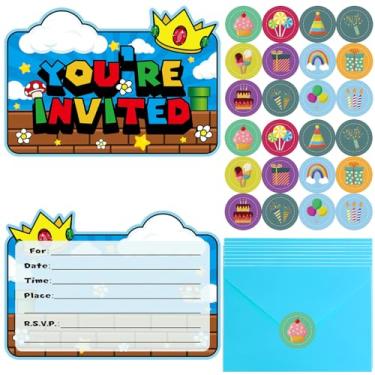 Imagem de GATGRWQ 20Pcs Video Game Birthday Invitations - Super Brother Invitations for Boys, Anime Themed Greeting Cards, Cute Ball Birthday Party Invitations With Sticker Labels 20 Envelope Gifts for Boys