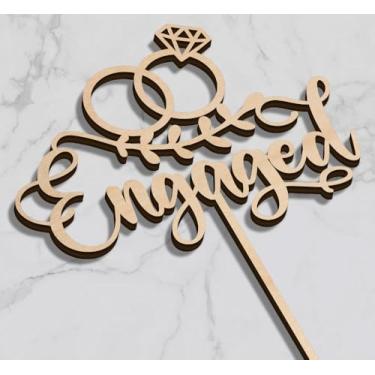 Imagem de C270 Wooden Engaged Cake Topper, Wedding Engagement Theme Party Decorations, We're Engaged Cake Pick, Engaged Ring Sign,Bridal Engagement Wedding Cupcake Decoration Party Supplies