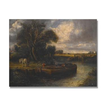 Imagem de NHLDZYH Arte em tela de paisagem estilo Constable, (barcaça no canal), pintura romântica do campo inglês, decoração de parede texturizada com pincelada pesada. Apenas tela de 80 x 105 cm - 31,5 x 41,3
