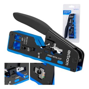 Imagem de Alicate de Crimpar Profissional Multifuncional EXBOM FRM-ACN702 EZ Crimp Conectores RJ45/RJ12/RJ11 de 4, 6 ou 8 vias, Antiderrapante, Cat7/Cat6e/Cat5e - Preto/Azul