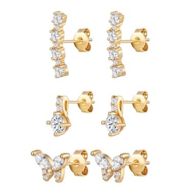 Imagem de Gemsme Conjunto de 3 pares de brincos pequenos de ouro para mulheres/homens, banhados a ouro 18 K, hipoalergênicos, delicados, zircônia cúbica para presente de joias, Latão, Zircônia cúbica