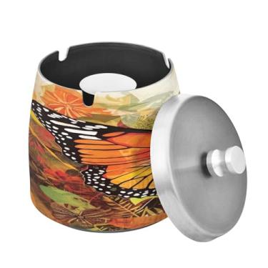 Imagem de Blueangle Cinzeiro de borboleta laranja com tampa para cigarros, à prova de vento/chuva, aço inoxidável, sem fumaça, inodoro, cinzeiro para uso interno ou externo (410)