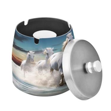 Imagem de Blueangle Cinzeiro de cavalos brancos com tampa para cigarros, à prova de vento/chuva, aço inoxidável, sem fumaça, inodoro, cinzeiro para uso interno ou externo (424)