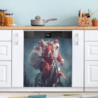 Imagem de ATTX Capa de ímã de lava-louças Papai Noel montando sua motocicleta, 58,4 cm C x 66 cm A decoração da capa da máquina de lavar louça, decalques de armário doméstico eletrodomésticos adesivos #442