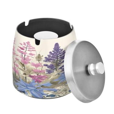 Imagem de Blueangle Cinzeiro de flores em aquarela com tampa para cigarros, à prova de vento/chuva, aço inoxidável, sem fumaça, inodoro, cinzeiro para uso interno ou externo (68)