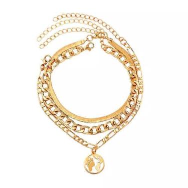 Imagem de Tornozeleira Dourada Correntes Pingente Mapa Mundo - DCXAM