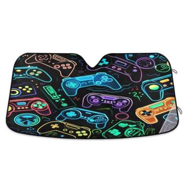 Imagem de ATTX Controladores de videogame coloridos para para-brisas de carro 139.7 cm x 70.1 cm Protetor solar universal com proteção UV, persiana de janela frontal automática dobrável para caminhões Sedans