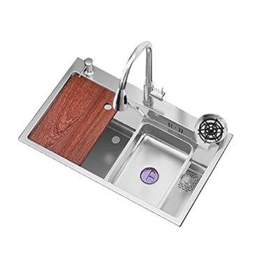 Imagem de HGTRH Lava-louças cozinha 1 seio com torneira, lava-louças debaixo bancada preta para móveis de cozinha, lava-louças inoxidável 1 peito com tábua de cortar e cesta seca, economia de espaço, 68 x 45 cm