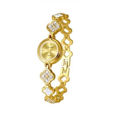 Imagem de FANMIS Relógio feminino elegante oco com trevo de quatro folhas, dourado, à prova d'água, luxuoso, vestido de diamante, pulseira feminina, design de trevo de quatro folhas, relógio feminino, X, ouro