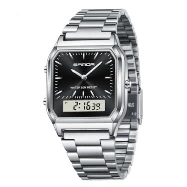 Imagem de FORSINING Relógios masculinos quadrados de quartzo com pulseira de aço inoxidável, Preto