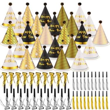 Imagem de Engrowtic 144 Pcs New Years Eve Party Supplies 2026 for 48 Guests New Years Eve Hats and Gold Glitter Noisemakers Set Gold Paper Cone Hat Black Cone Hats Noise Makers for Party Decor Favor (Stylish)