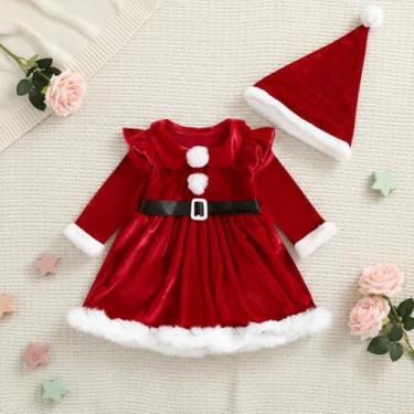 Imagem de Roupas de Natal para bebês meninas, macaquinho de veludo, manga comprida, vestidos de princesa Fashiom com chapéu, 3-6 M, vermelho