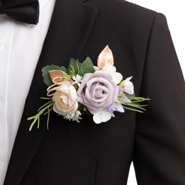 Imagem de Ling's Moment Boutonniere de bolso único, flor na lapela para homens noivo para casamento, baile, baile, aniversário, formatura, etc. Creme lilás