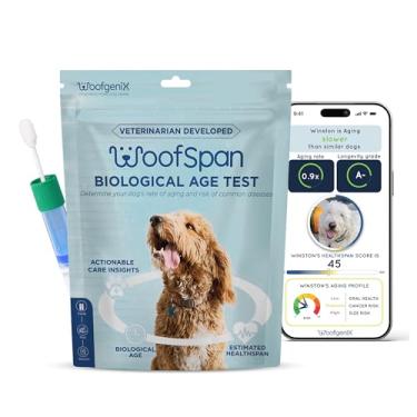Imagem de WoofSpan Teste de idade biológica para cães - Ciência de metilação de DNA para avaliar a saúde, taxa de envelhecimento e risco de condições comuns - Relatório de saúde personalizado e ferramenta de