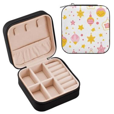 Imagem de Wassud Enfeites de Natal amarelos estojo de joias de viagem para mulheres, meninas, senhoras, noiva, mini organizador de joias de couro PU, caixa quadrada de armazenamento de joias para brincos, anéis