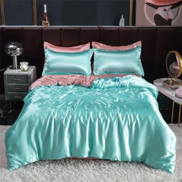 Imagem de XLCZMYL Jogo de cama de seda de cetim com capa de edredom fronhas de casal sólido solteiro casal fronha, azul água + rosa, lençol de algodão 180 x 220 4 peças