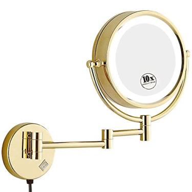 Imagem de LMJYU Espelho de maquiagem iluminado por LED montado na parede com ampliação de 10x, extensão de espelho de cosméticos de banheiro giratória dupla face de 360°, alimentada por plugue de 21 cm, dourado
